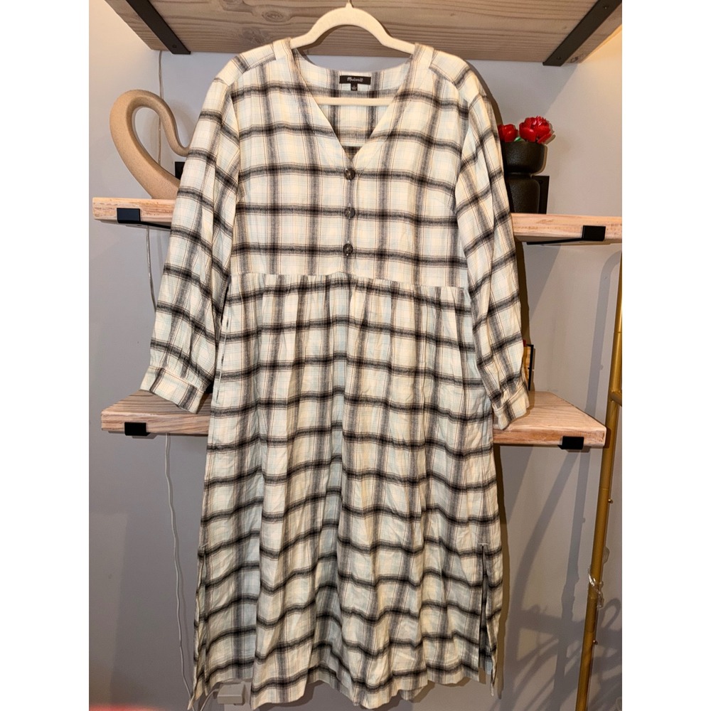 Madewell Plaid Button-Front Empire Waist Midi Dress Cream Black Blue NH065 4